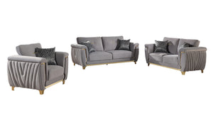 English Elm Leena Contemporary 3Pc Living Room Set With Plush Gray Upholstery & Gold Accents For Modern Elegance B009S01439