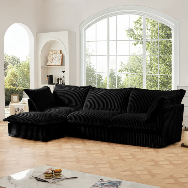 English Elm L-Shaped Slipcovered Sectional Sofa - Modern Black Corduroy Couch With Convertible Ottoman & Pillows W3041S00097