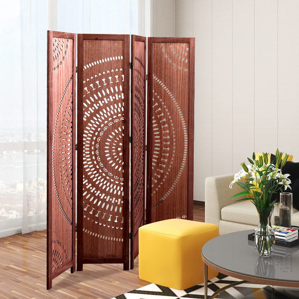 English Elm 55.2'' Solid Wood 4-Panel Folding Room Divider - Stylish Brown Privacy Screen For Any Space B205P241658