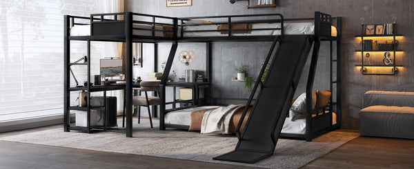 English Elm L-shaped Metal Triple Bunk Bed with Slide Desk and Storage for Shared Kids Rooms W1580S00568