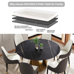 English Elm 59.05" Round Marble Dining Table – Stylish Bronze Iron Base For 6-8 People, Perfect For Modern Spaces W1535S00412
