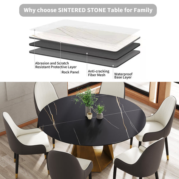 English Elm 59.05" Round Marble Dining Table – Stylish Bronze Iron Base For 6-8 People, Perfect For Modern Spaces W1535S00412