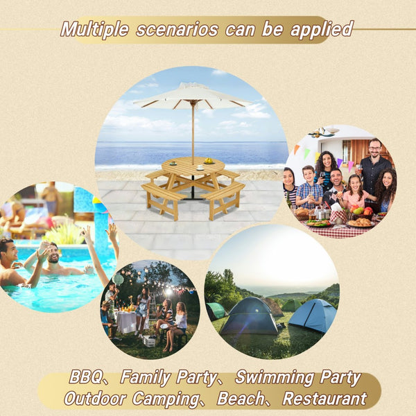 English Elm Outdoor 8 Person Round Picnic Table With 4 Benches, Umbrella Hole, Waterproof, Low Maintenance Set W2275P149764-GIGA