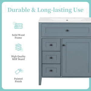 English Elm 30-Inch Contemporary Bathroom Vanity with Sink, MDF & Rubberwood, Glossy Finish, 3 Drawers + Cabinet Blue Gray N725P350819E