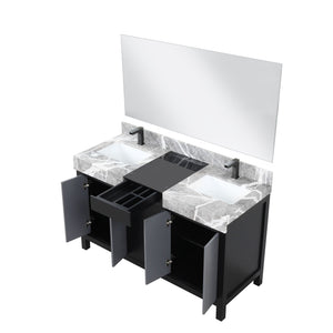 English Elm Black Double Bath Vanity Set With Castle Grey Marble Top, Gun Metal Faucet & 53" Mirror – Stylish & Durable! B2731S01026