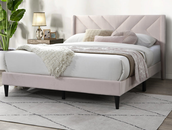 English Elm Elegant Velvet Upholstered Queen Bed with Geometric Stitched Headboard, Platform Design, 12" Height Light Pink 66 L x 23 W x 9 H B011P238935