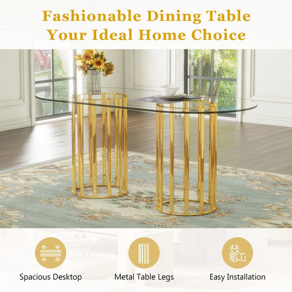 English Elm Table and Chair Set Oval Tempered Glass Top with Gold Base Glam Dining Room 7 Piece Black+Gold,Transparent W1151S04726
