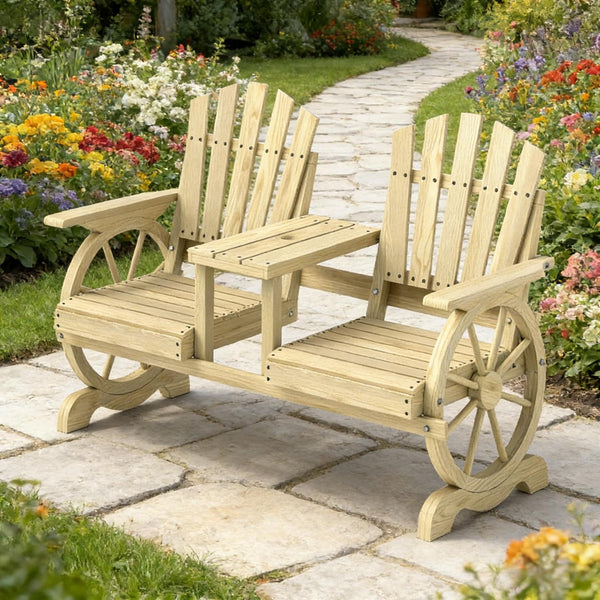 English Elm Stable Outdoor Fir Wood Bench with Wagon Wheel Legs and Built in Center Table T3971P446216