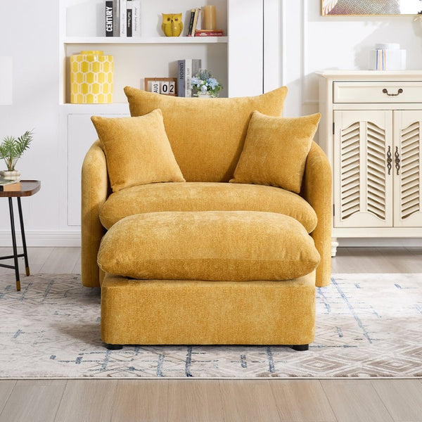 English Elm 360° 360 Swivel Oversized Chenille Armchair with Pocket Spring Seat and Three Throw Pillows Yellow W1361S00091