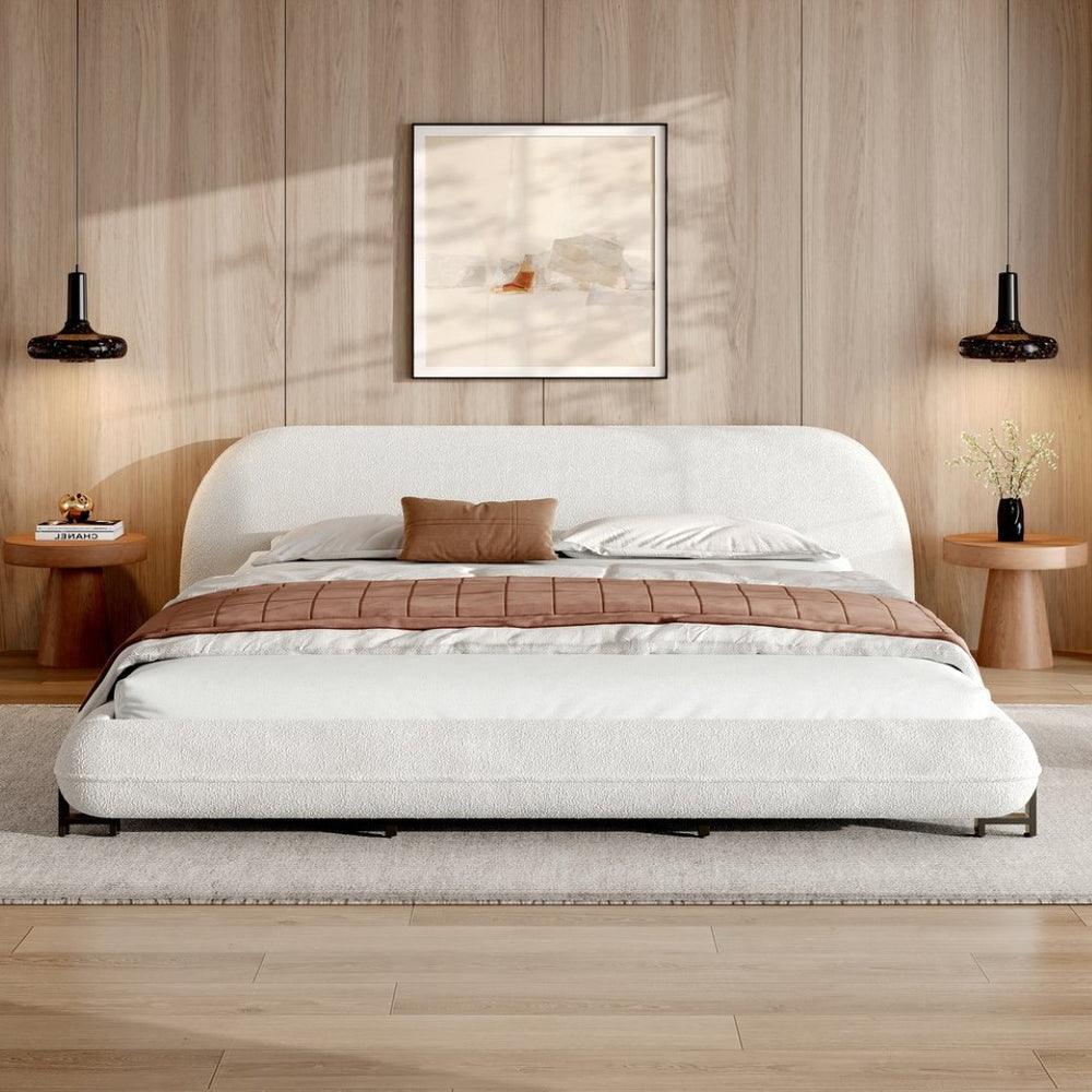 English Elm California King Boucle Platform Bed Curved Sculpted Frame Padded Headboard Bedroom N757C387448W