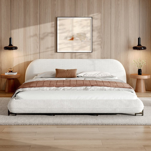 English Elm California King Boucle Platform Bed Curved Sculpted Frame Padded Headboard Bedroom N757C387448W