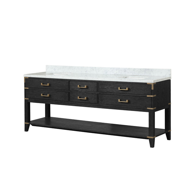 English Elm Black Oak Double Bath Vanity 84 in W x 22 in D with Carrara Marble Top, Solid Wood, Soft-Close Drawers B2731P261069