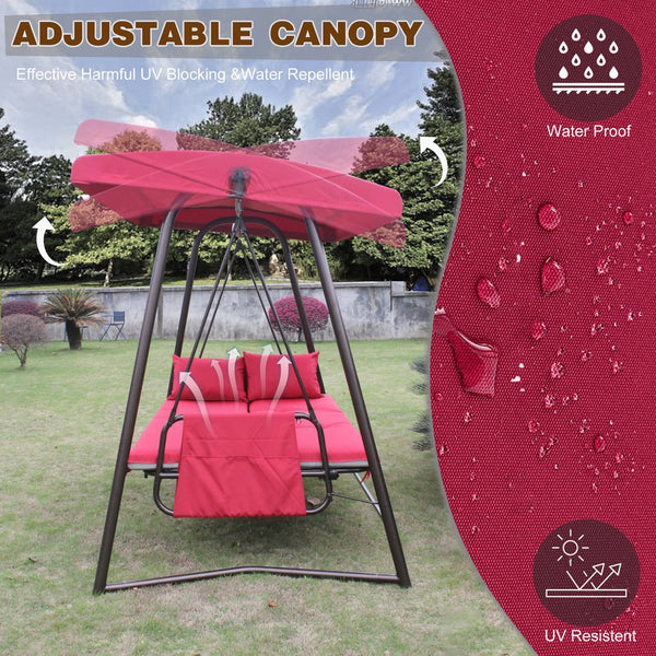 English Elm Outdoor 3 Seater Metal Swing Chair with Plush Cushion, Convertible Bed, Breathable Teslin Fabric Canopy Durable Suspension System Quiet Swing for Patio and Garden Comfort 3-Person Seating Red W400P149696