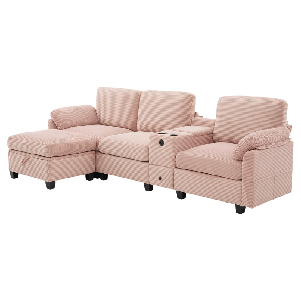 English Elm United L-Type Corduroy Sofa: 4-Seater With Usb Ports, Movable Console, Storage Ottoman & Cup Holders W1568S00221-GIGA