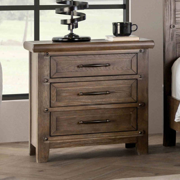 English Elm Transitional Three Drawer Nightstand Solid Wood Oak Veneer Warm Brown Bedroom B2741P433363