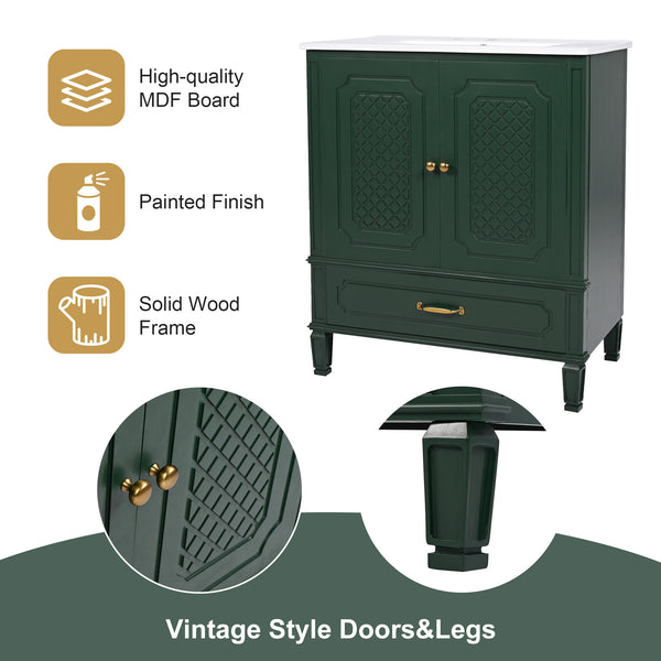 English Elm Christopher Knight Home® - 30" Bathroom Vanity with Sink Vintage Acacia Frame Ceramic Basin Soft-Close Doors & Storage Green N759P313313F