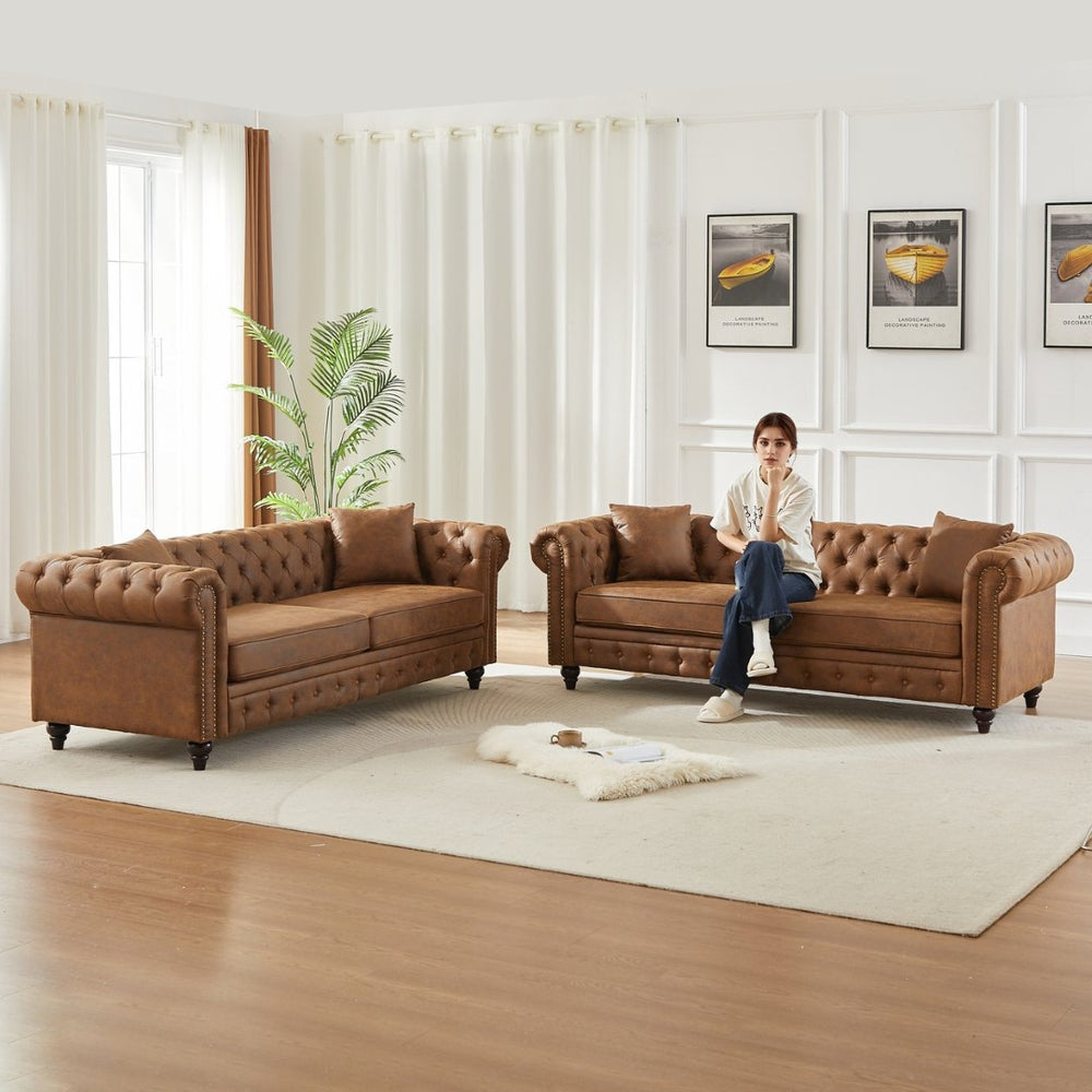 English Elm Fx Modular Six Seat Chenille Sectional Sofa with Gold Legs and Tufted Detail Brown W1926S00111