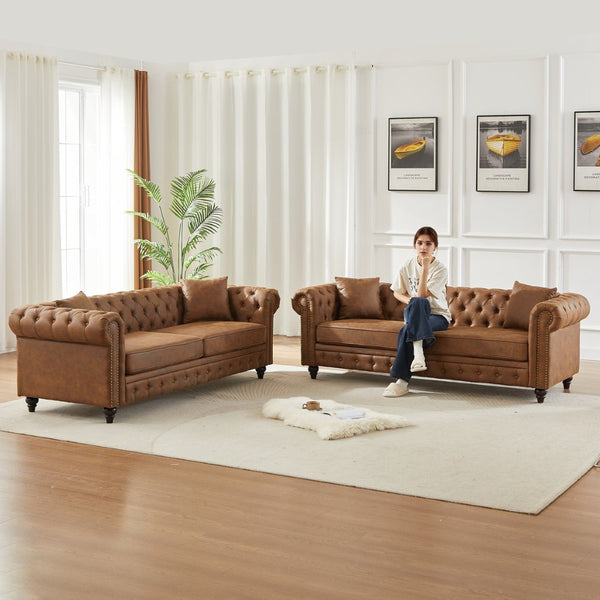 English Elm Fx Modular Six Seat Chenille Sectional Sofa with Gold Legs and Tufted Detail Brown W1926S00111