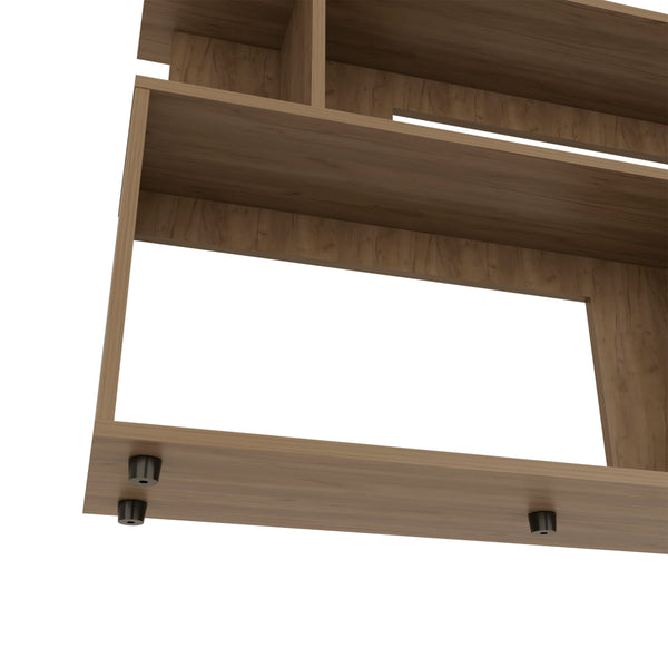 English Elm Asymmetrical Oak Sofa SideTable with Open Shelves & Top Shelf, Modern Engineered Wood Accent Table B200P363787