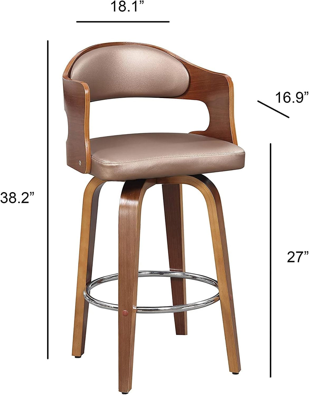 English Elm Wood Rose Mid-Century Counter Stool with Faux Leather Seat, 360° Swivel, Copper Accents, 27" Height Durable Design B347P338382