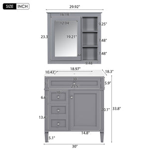 English Elm 30'' Modern Bathroom Vanity with Integrated Mirror Cabinet, Ceramic Sink, 3 Drawers & Ample Storage Grey SW000126AAE-1