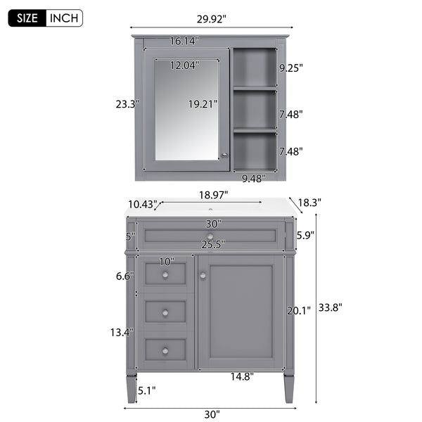 English Elm 30'' Modern Bathroom Vanity with Integrated Mirror Cabinet, Ceramic Sink, 3 Drawers & Ample Storage Grey SW000126AAE-1