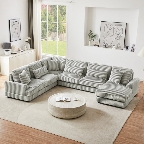 English Elm 129" Oversized Sectional Sofa U-Shaped Corduroy Chaise Lounge with Curved Armrests Plush Foam Comfort Grey N719S001690E