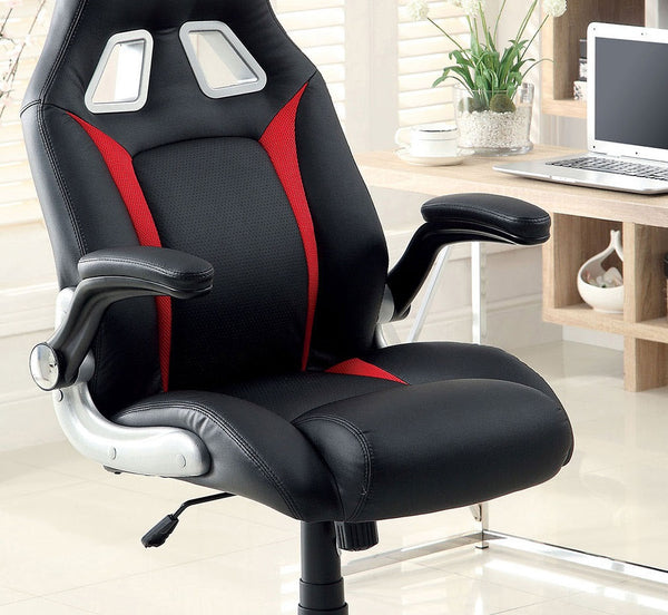 English Elm Modern Black Leatherette Office Chair with Red & Silver Accents, Pneumatic Height, Gaming Style Comfort B2741P340576