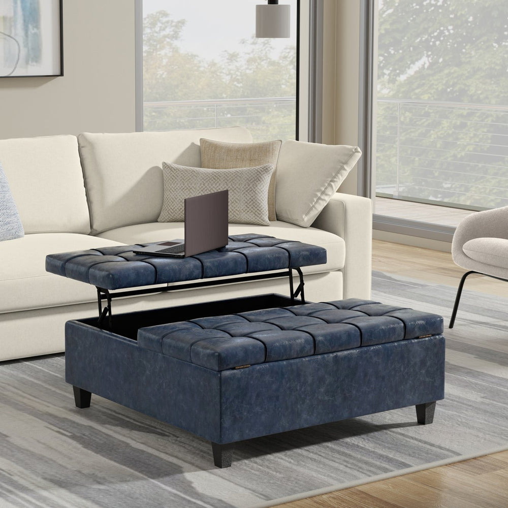 English Elm Harrison Large Square Storage Ottoman Coffee Table in Denim Blue Vegan Leather with Tufting & Lift Top B136P254708