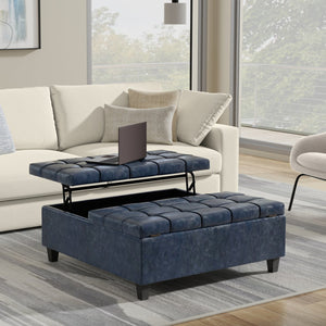 English Elm Harrison Large Square Storage Ottoman Coffee Table in Denim Blue Vegan Leather with Tufting & Lift Top B136P254708
