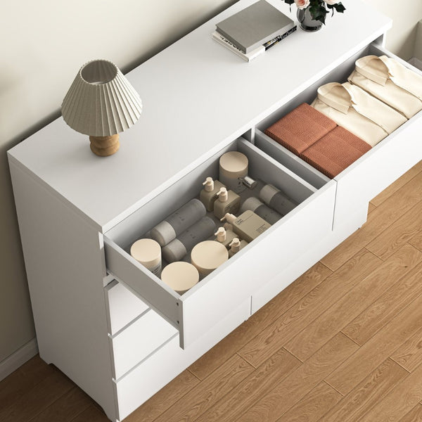 English Elm 8 Drawer Tall Chest Slim Particleboard Build Smooth Gliding Storage for Bedroom Closet White W409S00030