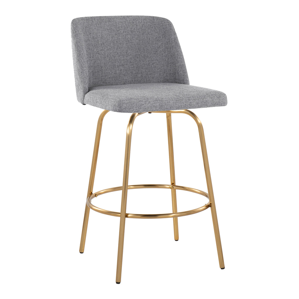 English Elm Toriano 26" Contemporary Counter Stool Set of 2 with Swivel Padded Seat Gold Metal Base, Stylish Upholstery and Round Footrest Grey B202S00394