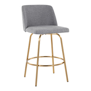 English Elm Toriano 26" Contemporary Counter Stool Set of 2 with Swivel Padded Seat Gold Metal Base, Stylish Upholstery and Round Footrest Grey B202S00394