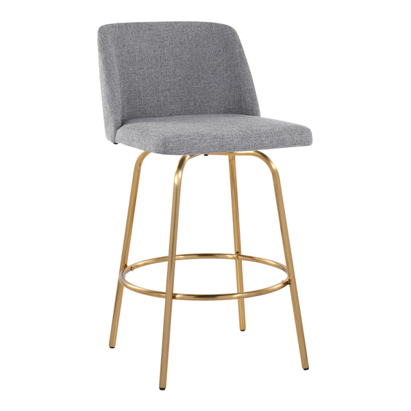 English Elm Toriano 26" Contemporary Counter Stool Set of 2 with Swivel Padded Seat Gold Metal Base, Stylish Upholstery and Round Footrest Grey B202S00394