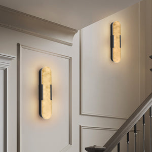 English Elm 19.7" Natural Marble Wall Sconce Set of 2 Matte Iron LED Vanity Lights 16W Dimmable 3000-6500K Black W2312P394334