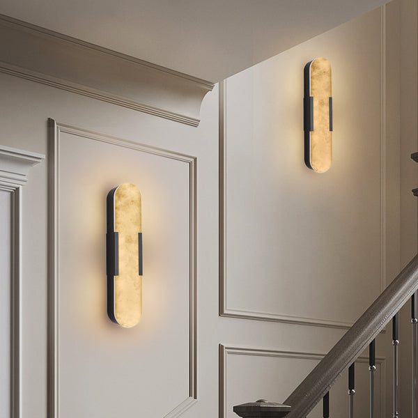English Elm 19.7" Natural Marble Wall Sconce Set of 2 Matte Iron LED Vanity Lights 16W Dimmable 3000-6500K Black W2312P394334