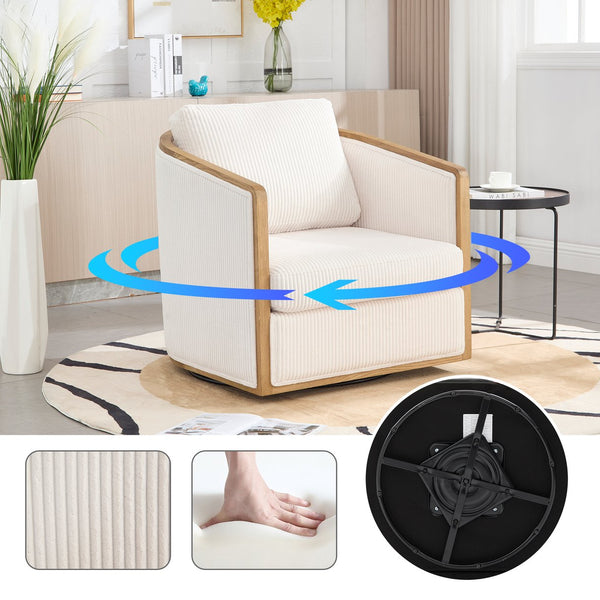 English Elm Corduroy Swivel Barrel Chair with Sturdy Wood Frame & Metal 360° Base, Plush Corduroy Comfort Pop Beige W395P220270