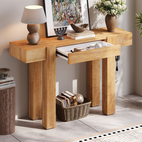 English Elm Trexm Ash Veneer Entryway Console Table Built in Power Outlet Drawer Rubberwood Natural N715P361518N
