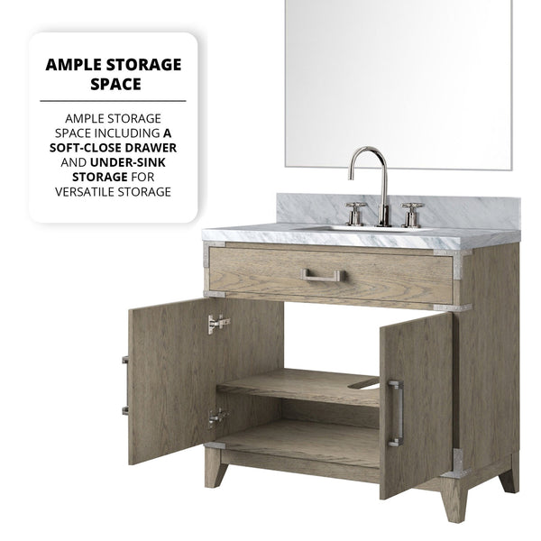 English Elm Grey Oak Single Bath Vanity Set With Carrara Marble Top, Chrome Faucet & 34” Mirror For Chic Bathrooms B2731S02011