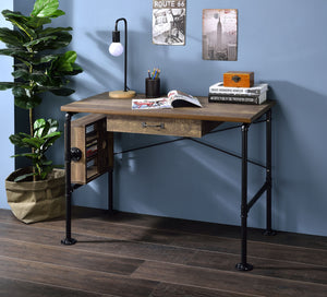 English Elm Endang Weathered Oak & Black Writing Desk with Drawer and 3-Tier Left Shelf, KD Metal Frame B2726P279122