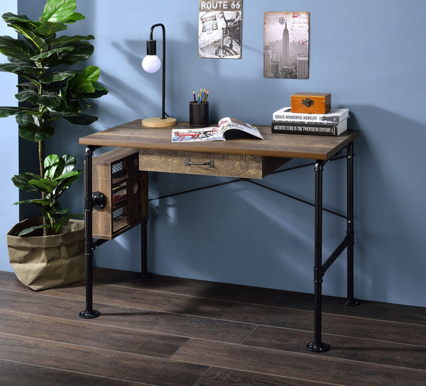 English Elm Endang Weathered Oak & Black Writing Desk with Drawer and 3-Tier Left Shelf, KD Metal Frame B2726P279122