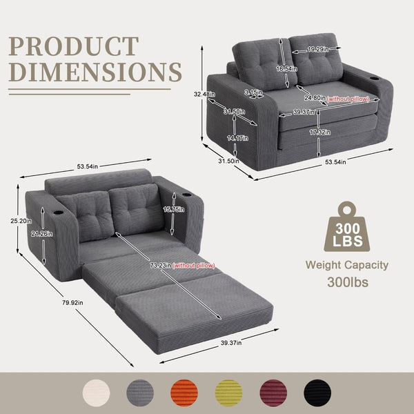 English Elm Convertible Floor Sofa Bed with Memory Foam and Ribbed Corduroy for Small Spaces Gray W395P438027