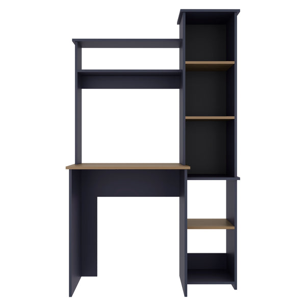 English Elm Navy Convertible Computer Desk with Hutch & Side Bookshelf in Navy Blue & Natural Oak for Organized Workspaces B062P389918