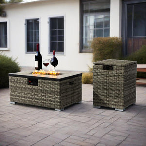 English Elm 32" Outdoor Propane Fire Pit Table with Ceramic Top, 50,000 BTU Stainless Steel Burner, Wicker Base and Tank Cover Beige W853P202196