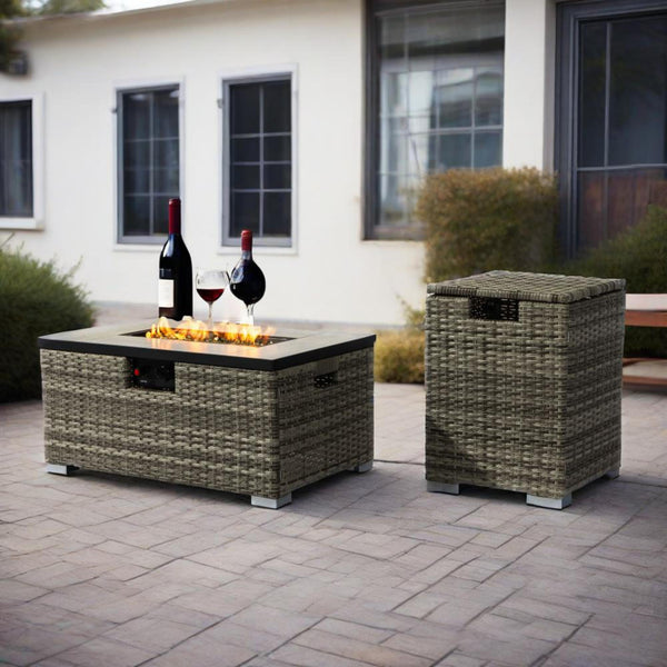 English Elm 32" Outdoor Propane Fire Pit Table with Ceramic Top, 50,000 BTU Stainless Steel Burner, Wicker Base and Tank Cover Beige W853P202196