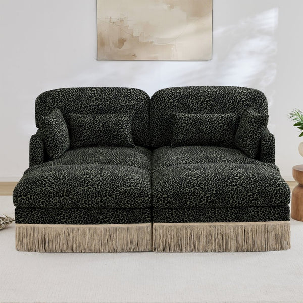 English Elm Comfy Chenille Leopard Print Loveseat with Tassel Trim and Movable Ottoman Modules Green W5656S00030