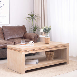 English Elm Modern Wood Coffee Table with Beaded Trim, 52" Rectangular Top & Open Shelf, Light Natural Finish for Farmhouse Living Room Decor W2729P298164