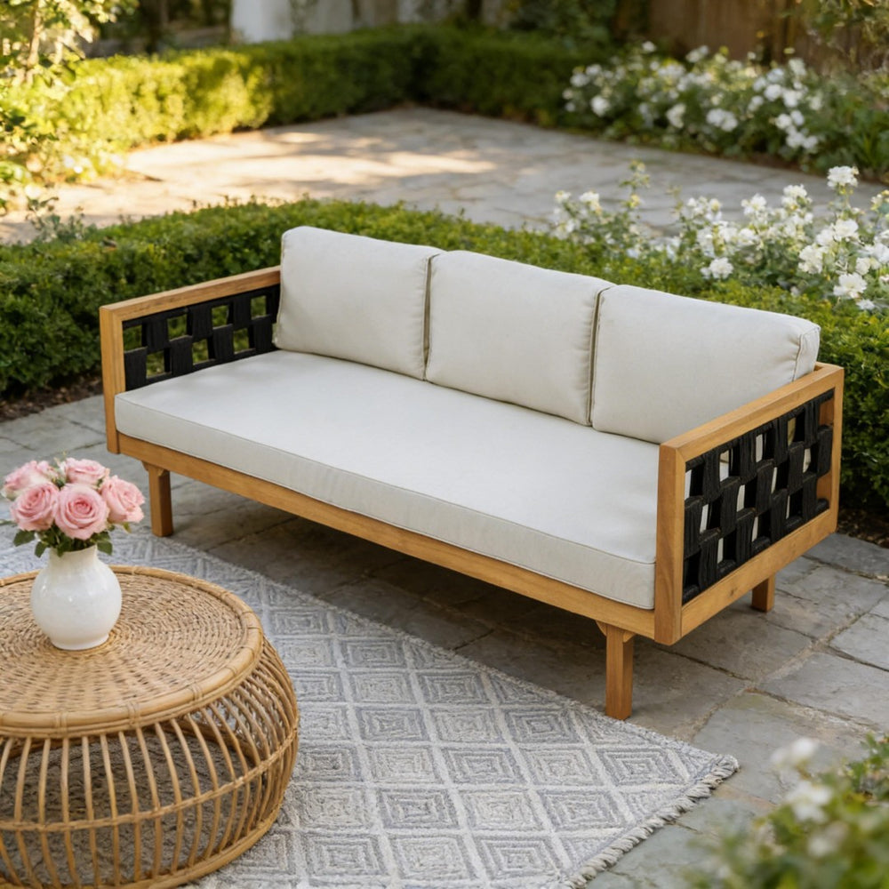 English Elm Three-seater Outdoor Daybed Acacia Wood Teak Frame with Woven Rope and Grey Cushions N770P373436L