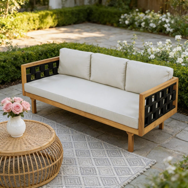 English Elm Three-seater Outdoor Daybed Acacia Wood Teak Frame with Woven Rope and Grey Cushions N770P373436L