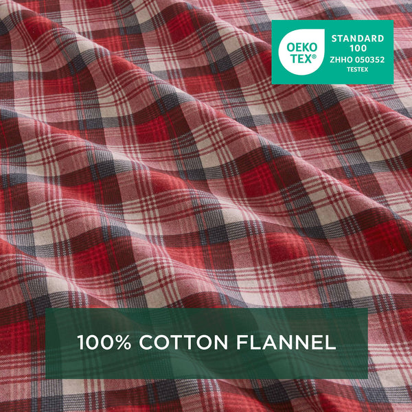 English Elm 3 Pcs Twin Sheet Set - Cozy Red Plaid Cotton Flannel For Warmth, Comfort, And Timeless Style B035P319781